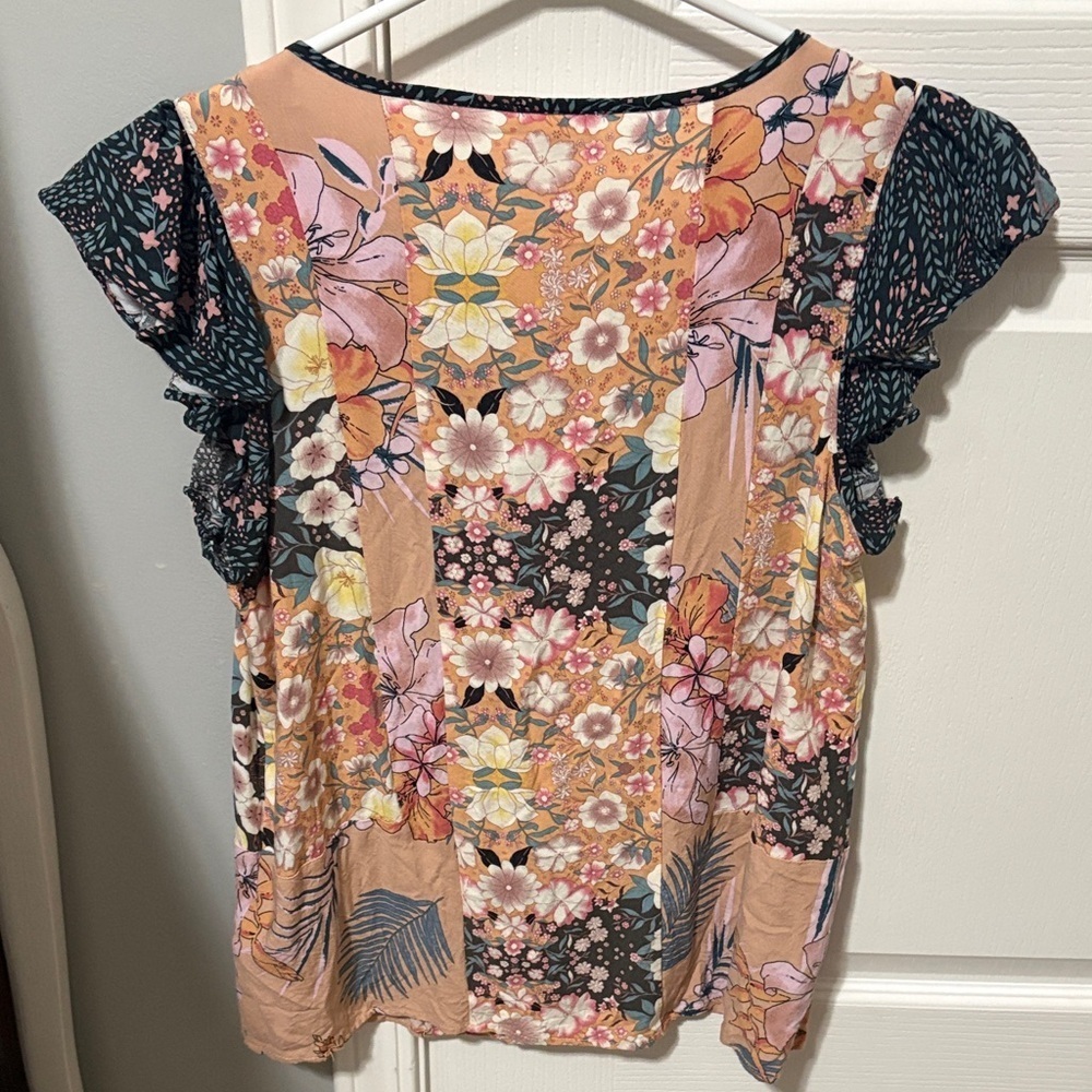 Peach Floral Patchwork Blouse with Ruffle Sleeves - Picture 5 of 5